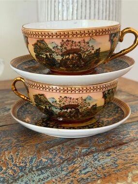 Vintage Satsuma handpainted SP teacups & saucers with geisha luminaire